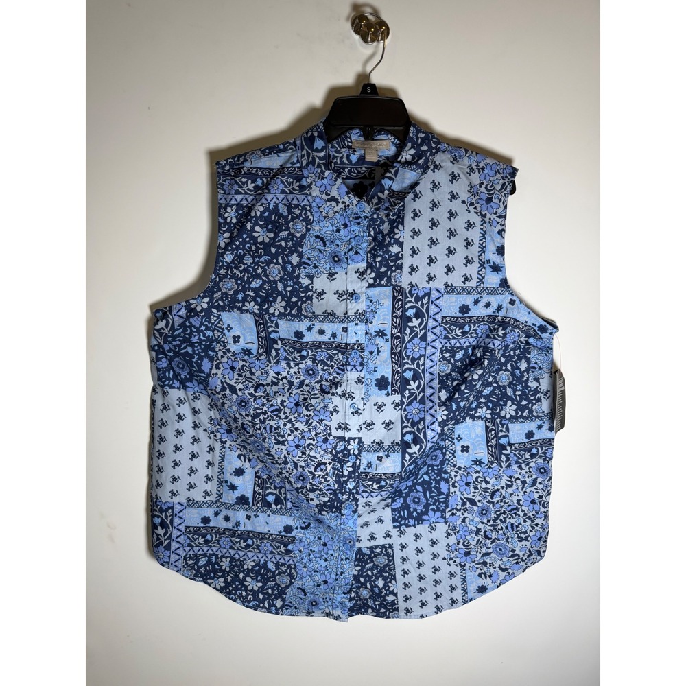 Woman Within Blue Patchwork Floral Sleeveless Button Down Shirt Plus 18/20 L